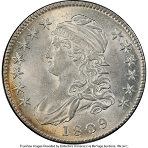 image for: 1809 50C Normal Edge, O-111a, R.3, AU58 PCGS. Attributed as O-111 by PCGS, but the O-111a horizontal die crack (above the u...