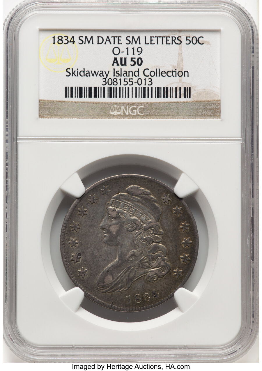 image for: 1834 50C Small Date, Small Letters, O-119, R.4, AU50 NGC. Ex: Skidaway Island Collection. NGC Census: (1/6). PCGS Populatio...