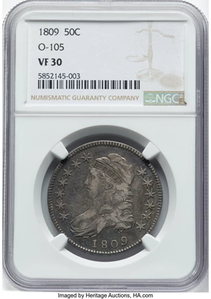 image for: 1809 50C Normal Edge, O-105, R.2, VF30 NGC. NGC Census: (3/17)....