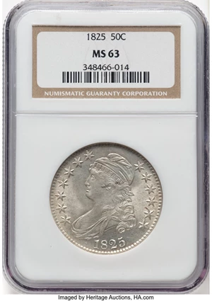 image for: 1825 50C O-102, R.2, MS63 NGC. NGC Census: (76/88). Mintage 2,900,000....