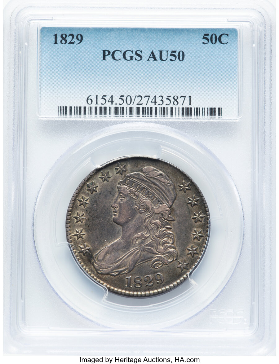 image for: 1829 50C Small Letters, O-115, R.1, AU50 PCGS.  Mintage 3,712,156....