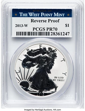 image for: 2013-W $1 Silver Eagle, Struck at West Point Mint, Reverse Proof PR70 PCGS....