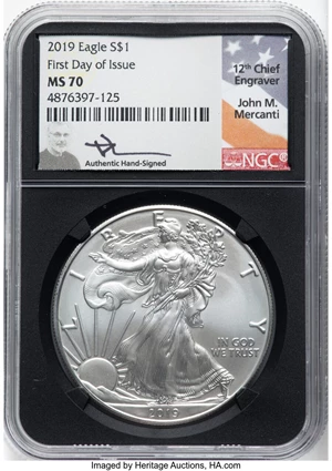 image for: 2019 $1 Silver Eagle, First Day of Issue MS70 NGC. Hand-signed, John M. Mercanti. NGC Census: (0). PCGS Population: (5845)....