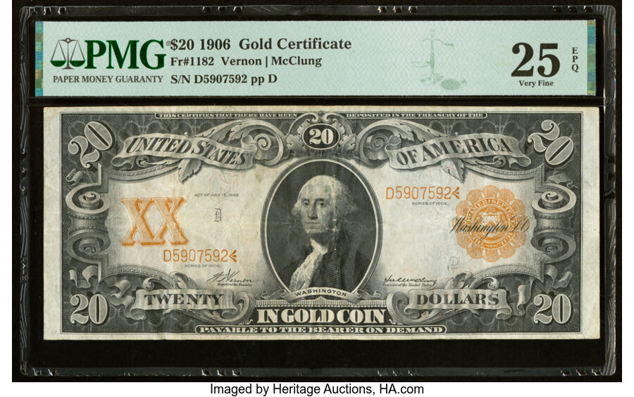 image for: Fr. 1182 $20 1906 Gold Certificate PMG Very Fine 25 EPQ....