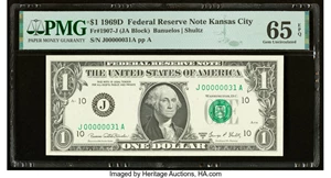 image for: Low Serial Number 31 Fr. 1907-J $1 1969D Federal Reserve Note. PMG Gem Uncirculated 65 EPQ....