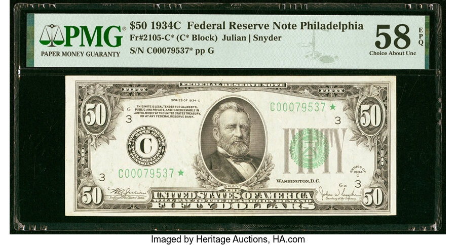 image for: Fr. 2105-C* $50 1934C Federal Reserve Star Note. PMG Choice About Unc 58 EPQ....