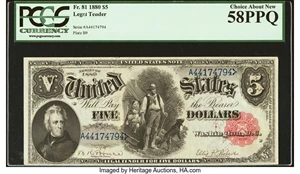 image for: Fr. 81 $5 1880 Legal Tender PCGS Choice About New 58PPQ....