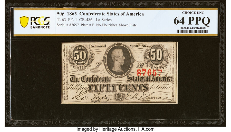 image for: T63 50 Cents 1863 PF-1 Cr. 486 PCGS Banknote Choice Unc 64 PPQ....