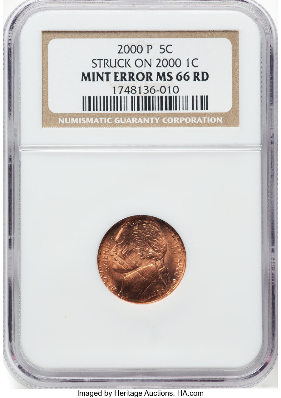 image for: 2000-P 5C Jefferson Nickel -- Struck On 2000 1C -- MS66 Red NGC. NGC Census: (7/0)....