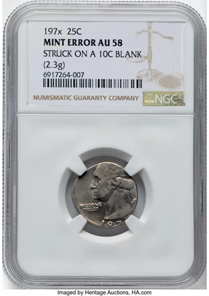 image for: 197X 25C Washington Quarter -- Struck On A 10C Blank -- AU58 NGC. (2.3g). NGC Census: (0/497). Mintage 136,420,000....