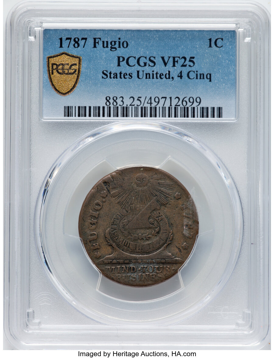 image for: 1787 Fugio Cent, STATES UNITED, 4 Cinquefoils, Pointed Rays, N. 12-M, W-6800, R.3, VF25 PCGS....