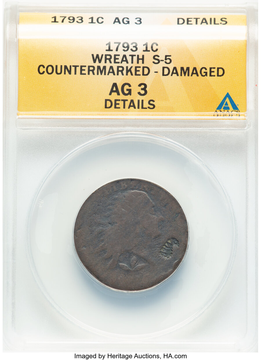 image for: 1793 1C Wreath, Vine and Bars Edge, S-5, B-6, R.4 -- Countermarked, Damaged -- ANACS Details. AG3.  Mintage 63,353....