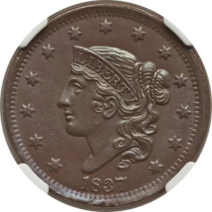 image for: 1837 1C Head of 1838, N-10, R.1, MS65 Brown NGC. NGC Census: (1/2). Mintage 5,558,300. Ex: FUN Signature (Heritage, 1/...
