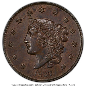 image for: 1837 1C Plain Cords, Small Letters, N-5, R.2, MS62 Brown PCGS. CAC. Ex: Indiana Collection. PCGS Population: (2/7 and 0/1+)...
