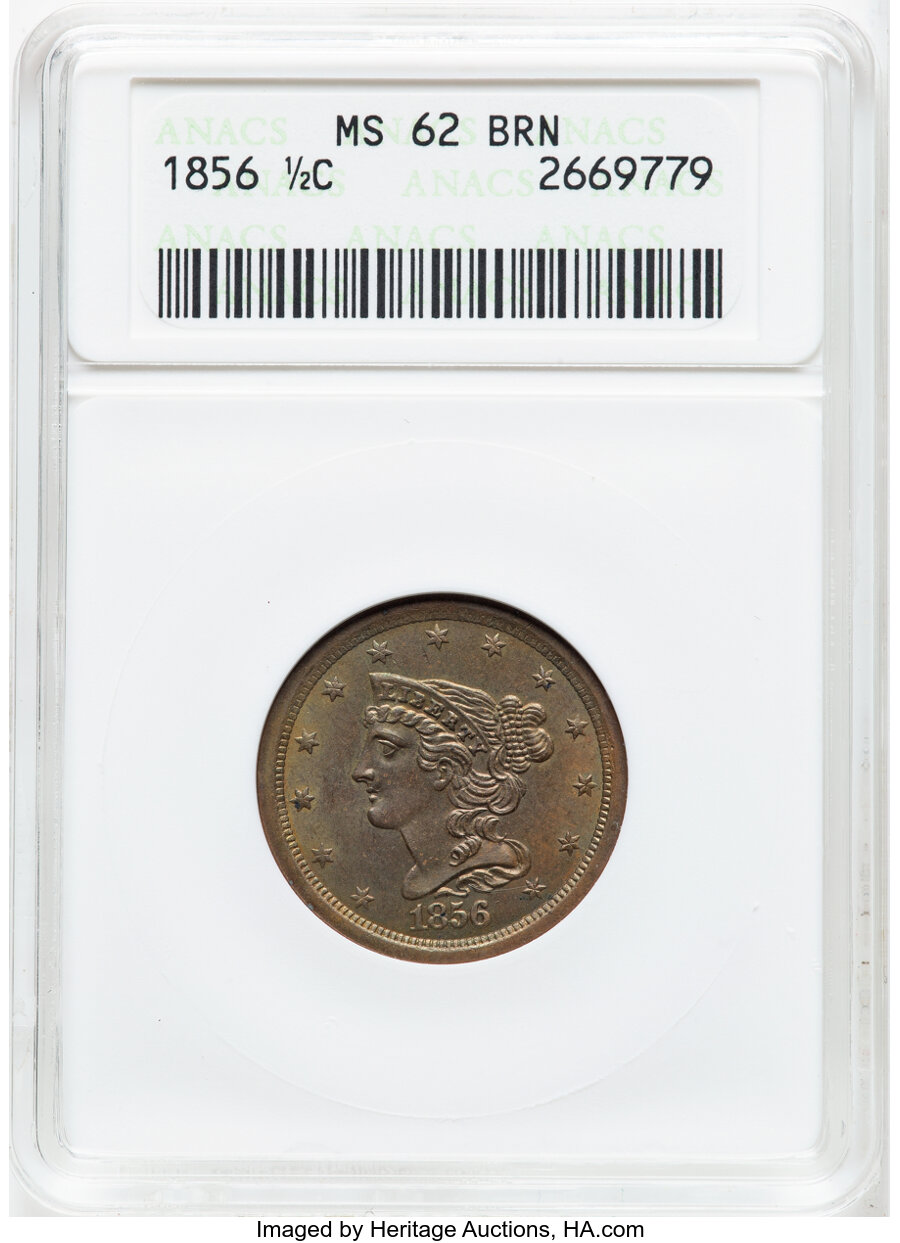 image for: 1856 1/2 C C-1, B-2a, R.1, MS62 Brown ANACS.  Mintage 40,430....