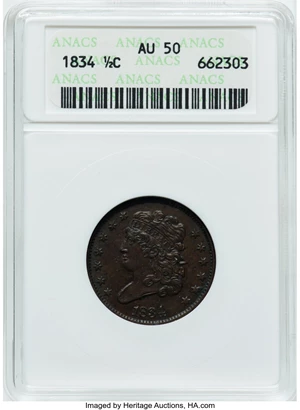 image for: 1834 1/2 C C-1, B-1, R.1, AU50 ANACS. Mintage 141,000....