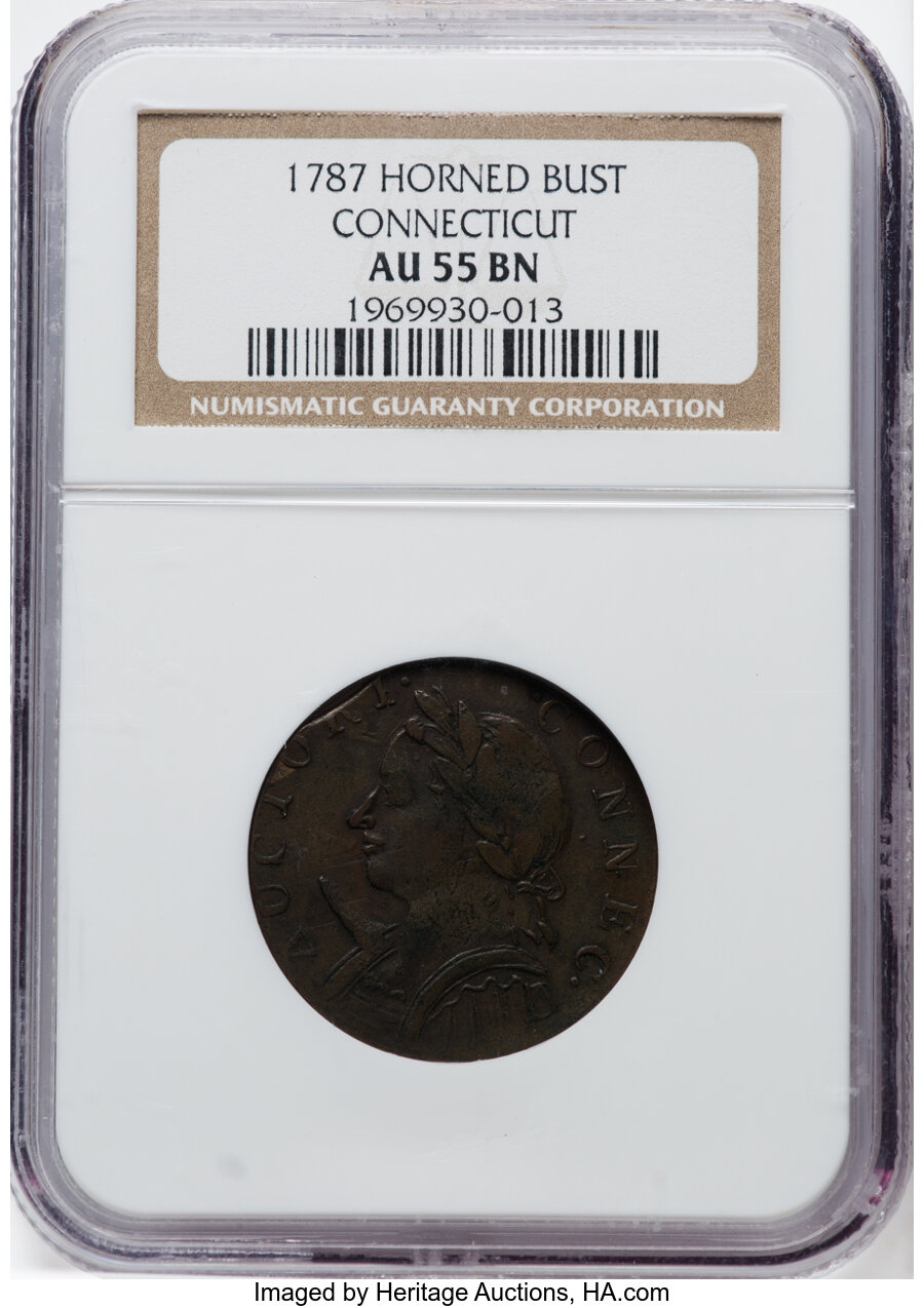 image for: 1787 Connecticut Copper, Mailed Bust Left,  Horned Bust, M. 4-L, W-2810, R.1, AU55 NGC. NGC Census: (4/8)....
