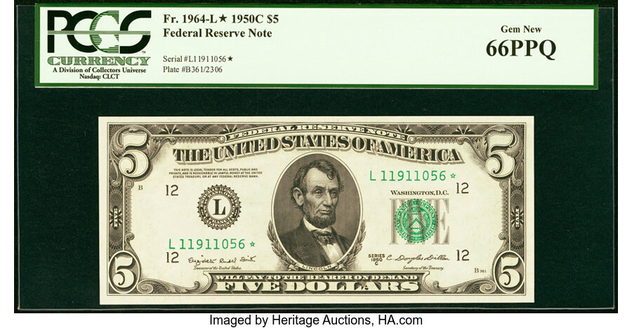 image for: Fr. 1964-L* $5 1950C Federal Reserve Star Note. PCGS Gem New 66PPQ....