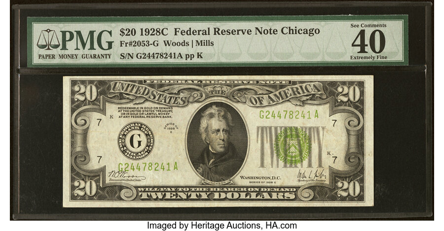 image for: Fr. 2053-G $20 1928C Light Green Seal Federal Reserve Note. PMG Extremely Fine 40 EPQ....