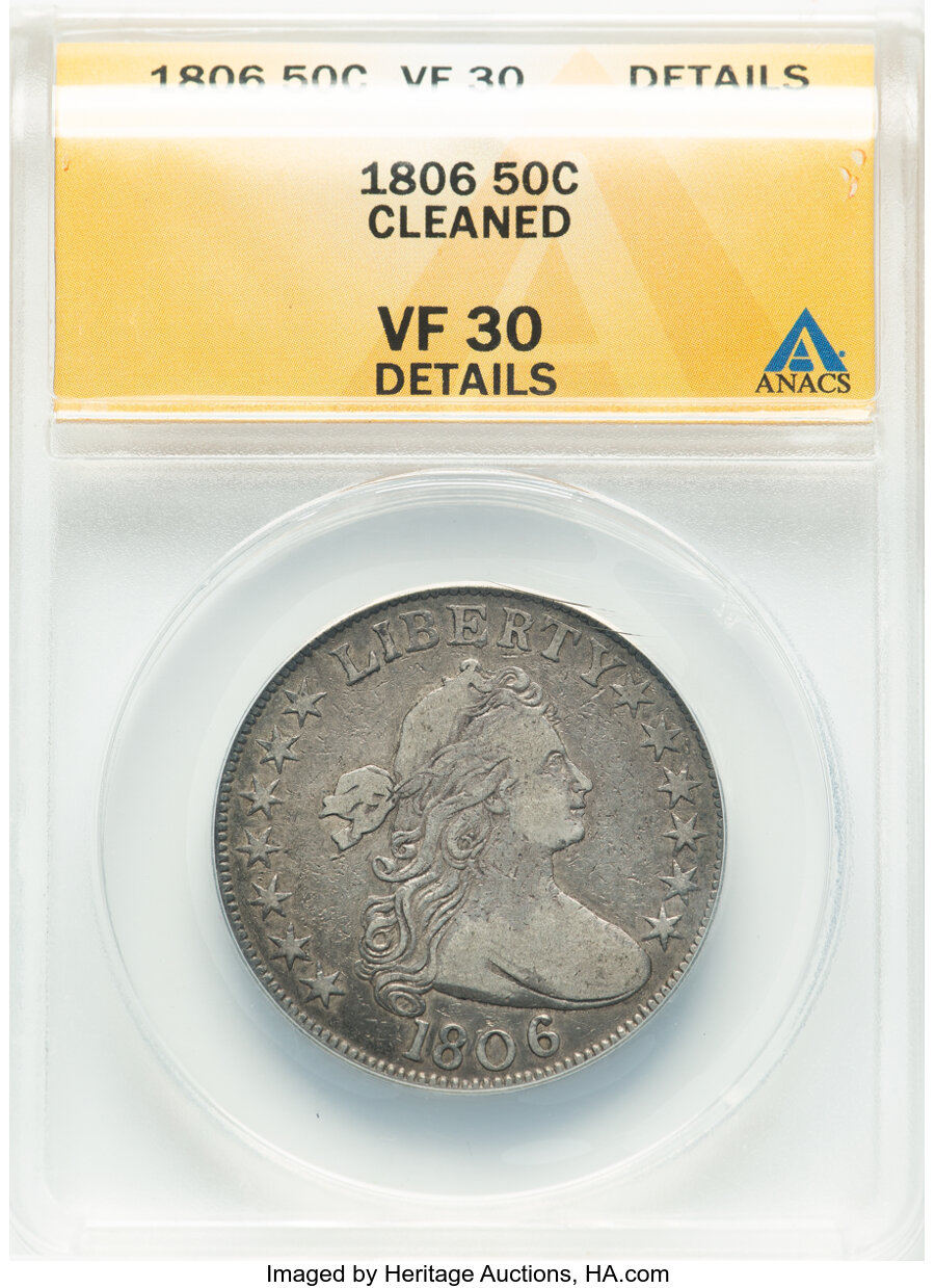 image for: 1806 50C Pointed 6, Stem, O-107a, T-3 -- Cleaned -- ANACS Details. VF30.  Mintage 839,576....