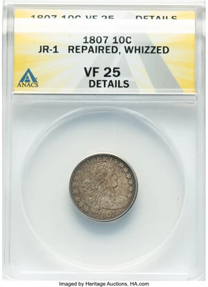 image for: 1807 10C JR-1, R.1 -- Repaired, Whizzed -- ANACS Details. VF25. Mintage 165,000....