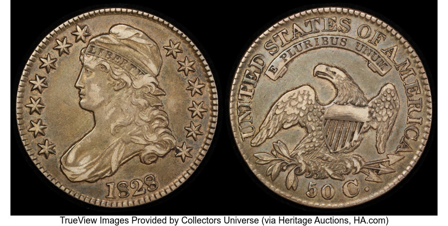 image for: 1828 50C Square Base 2, Small 8s, Large Letters, O-114a, R.3, XF45 PCGS....