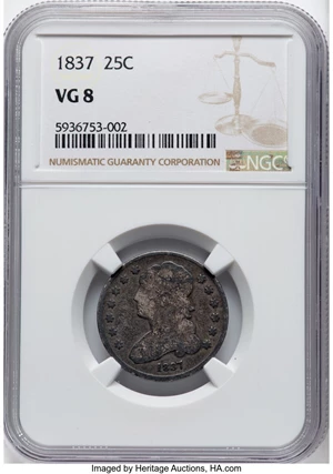image for: 1837 25C B-2, R.1, VG8 NGC. NGC Census: (6/312). Mintage 252,400....
