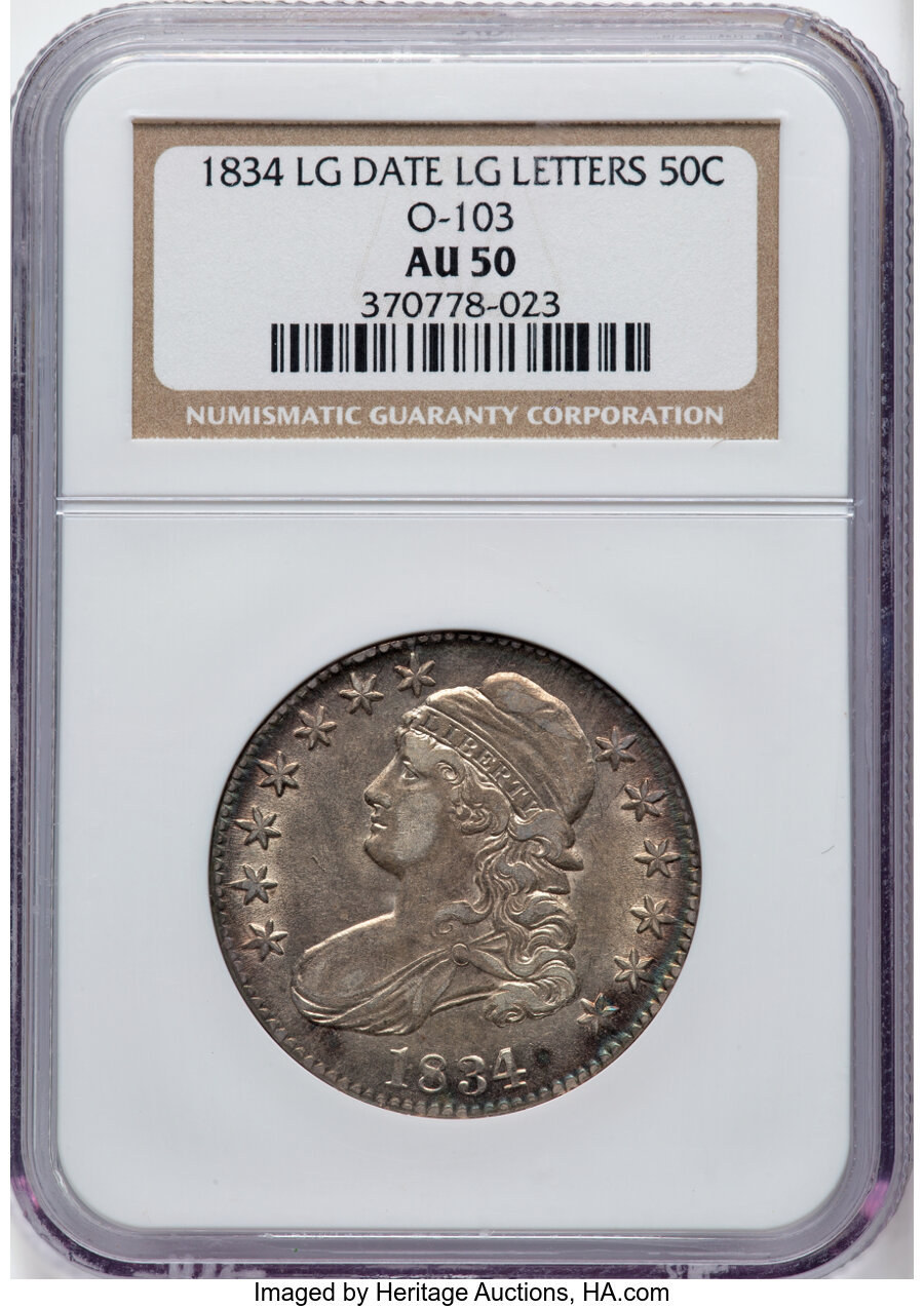image for: 1834 50C Large Date, Large Letters, O-103, R.2, AU50 NGC. NGC Census: (2/29).  Mintage 6,412,004....
