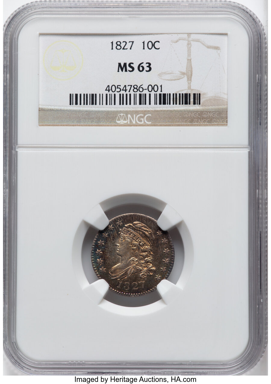 image for: 1827 10C Pointed Top 1, JR-6, R.2, MS63 NGC. NGC Census: (27/74).  Mintage 1,300,000....