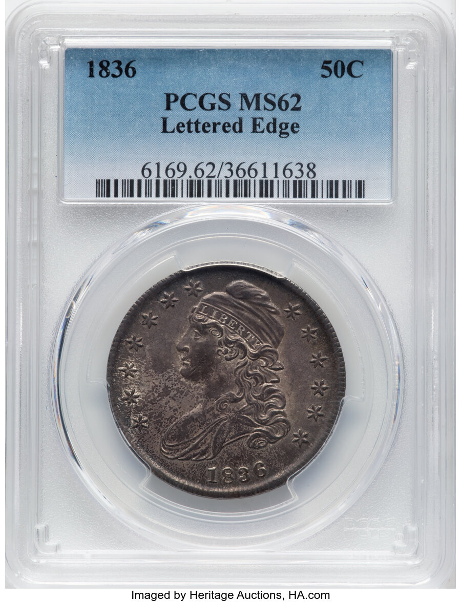 image for: 1836 50C Lettered Edge, O-104a, R.3, MS62 PCGS. Mintage 6,545,000....