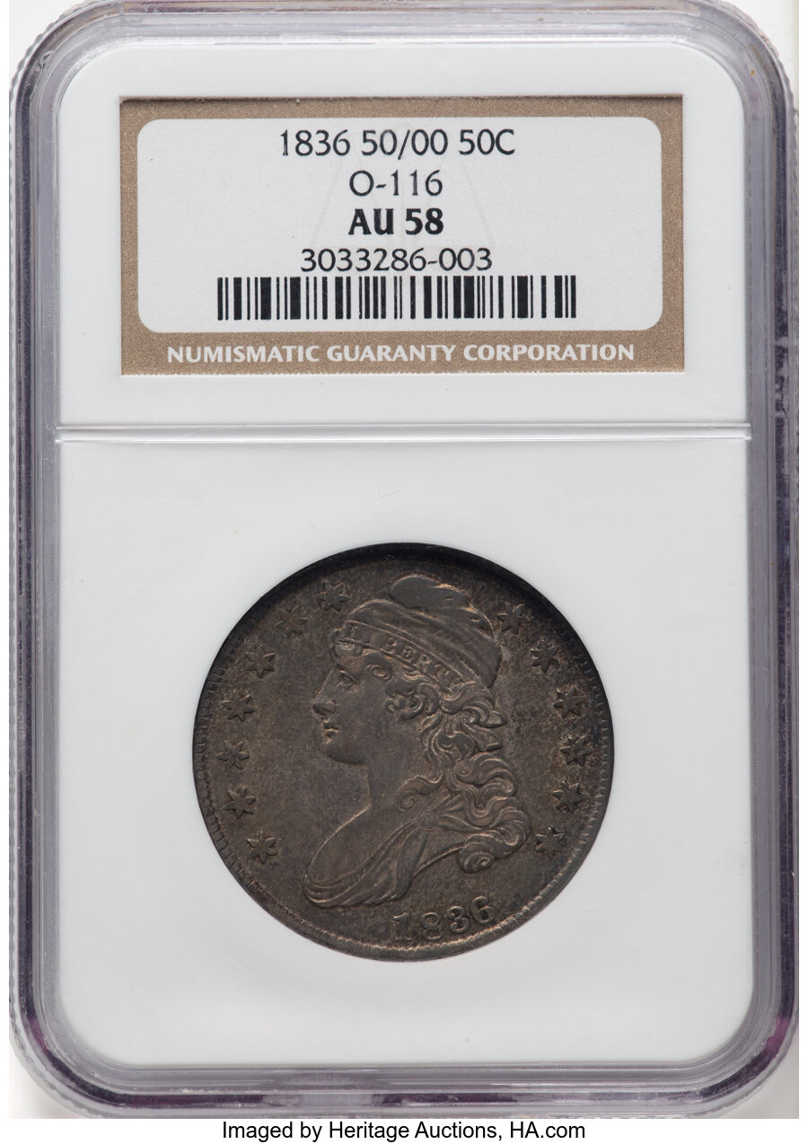 image for: 1836 50C 50/00, Lettered Edge, O-116, R.2, AU58 NGC. NGC Census: (7/9).  Mintage 6,545,000....