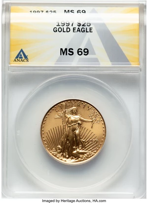 image for: 1997 $25 Half-Ounce Gold Eagle MS69 ANACS. Mintage 79,605....