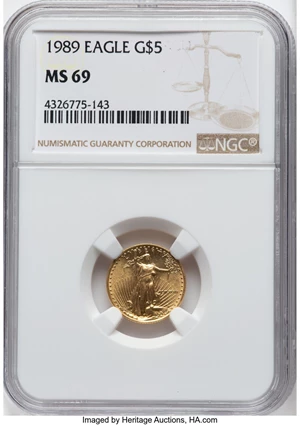 image for: 1989 $5 Tenth-Ounce Gold Eagle MS69 NGC. Mintage 264,790. ...