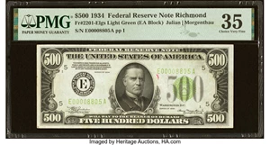 image for: Fr. 2201-E $500 1934 Light Green Seal Federal Reserve Note. PMG Choice Very Fine 35....