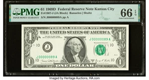 image for: Low Serial Number 89 Fr. 1907-J $1 1969D Federal Reserve Note. PMG Gem Uncirculated 66 EPQ....