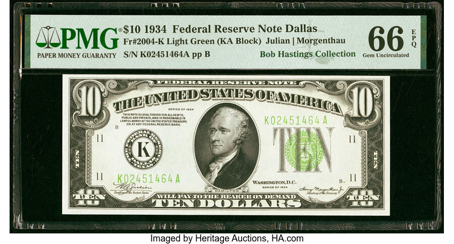image for: Fr. 2004-K $10 1934 Light Green Seal Federal Reserve Note. PMG Gem Uncirculated 66 EPQ....