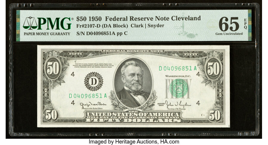 image for: Fr. 2107-D $50 1950 Federal Reserve Note. PMG Gem Uncirculated 65 EPQ....