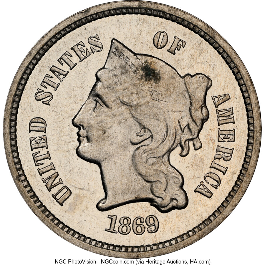 image for: 1869 P3C Three Cent Nickel, Judd-676, Pollock-753, 755, R.4, PR62 Cameo NGC. NGC Census: (1/16).  ...