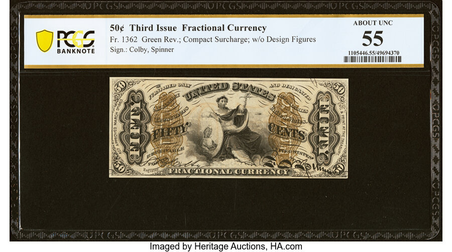 image for: Fr. 1362 50¢ Third Issue Justice PCGS Banknote About Unc 55....