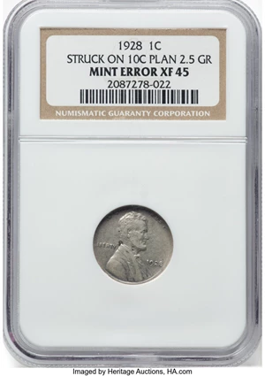 image for: 1928 1C Lincoln Cent -- Struck On 10C Planchet -- XF45 NGC. 2.5 grams. NGC Census: (4/135). Mintage 134,116,000....