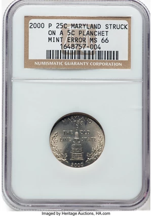 image for: 2000-P 25C Maryland Quarter -- Struck On A 5C Planchet -- MS66 NGC....