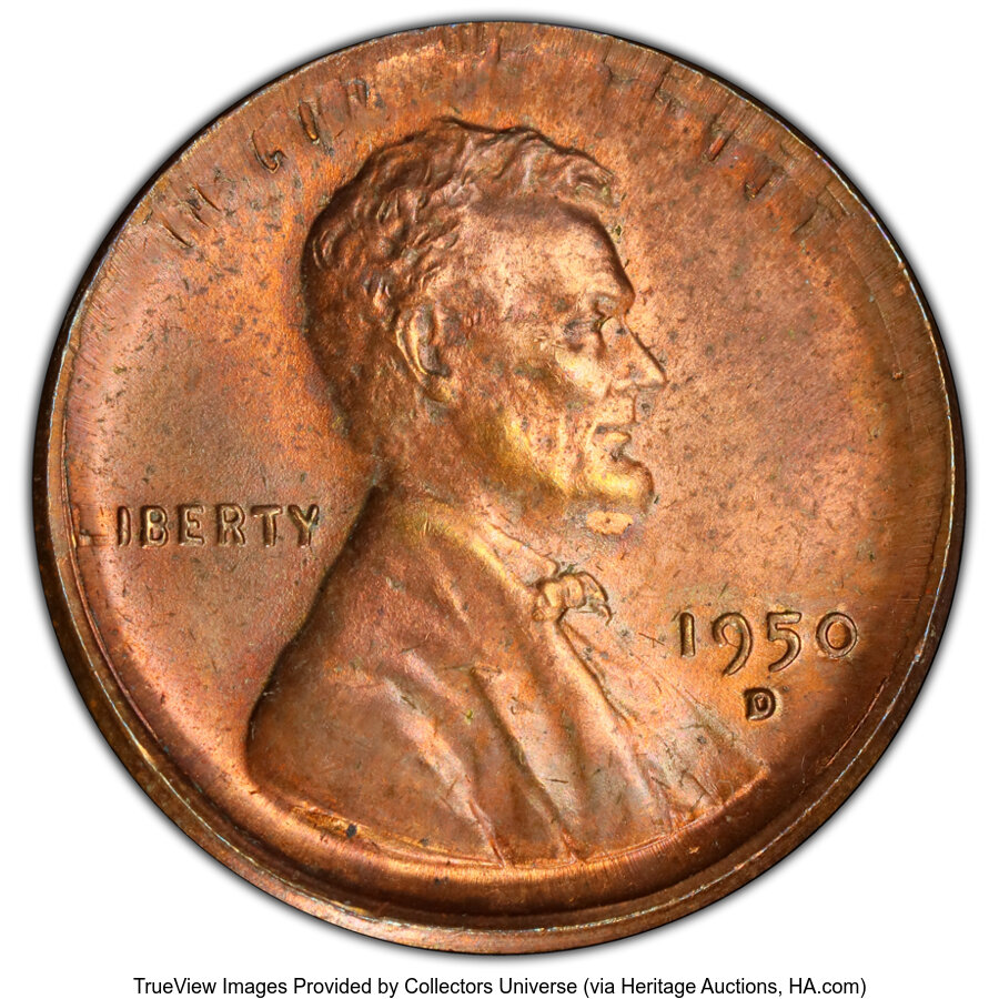 image for: 1950-D 1C Lincoln Cent -- Broadstruck -- MS63 Red and Brown PCGS. PCGS Population: (8/69 and 0/0+).  Mintage 334,950,000....