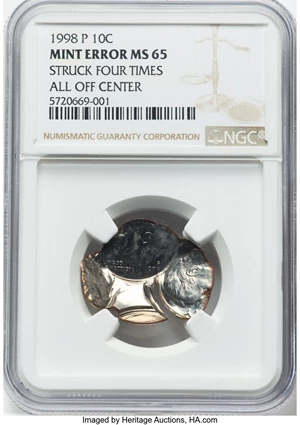 image for: 1998-P 10C Roosevelt Dime -- All Off Center, Struck Four Times -- MS65 NGC. NGC Census: (4/96)....