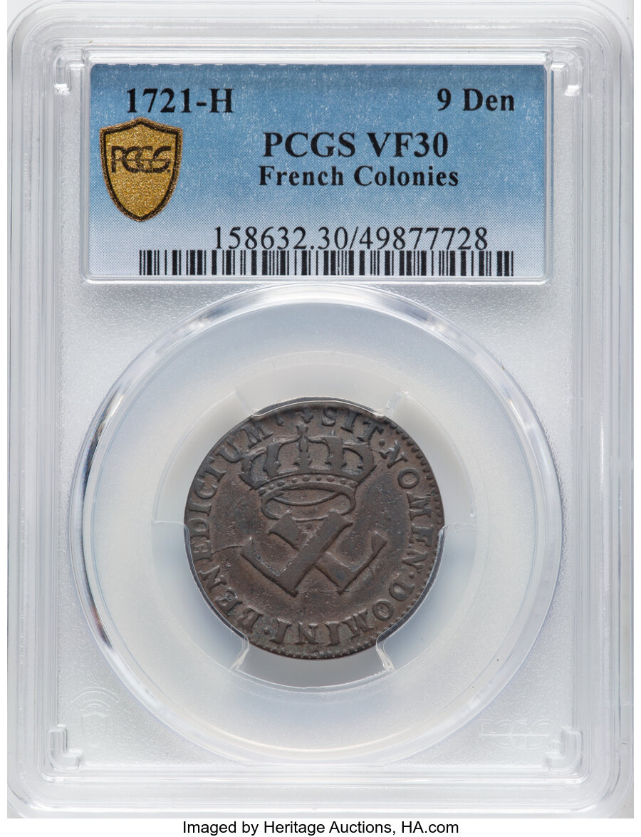 image for: 1721-H French Colonies 9 Deniers VF30 PCGS. PCGS Population: (4/28)....