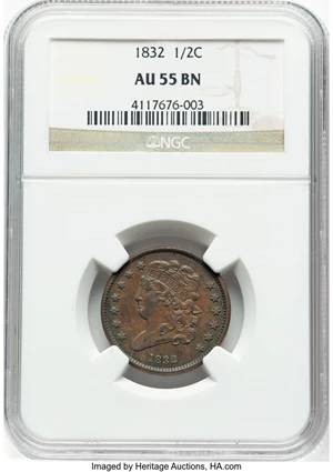image for: 1832 1/2 C C-3, B-3, R.1, AU55 NGC. Mintage 154,000....
