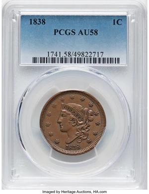 image for: 1838 1C N-1, R.1, AU58 PCGS. Mintage 6,370,200....