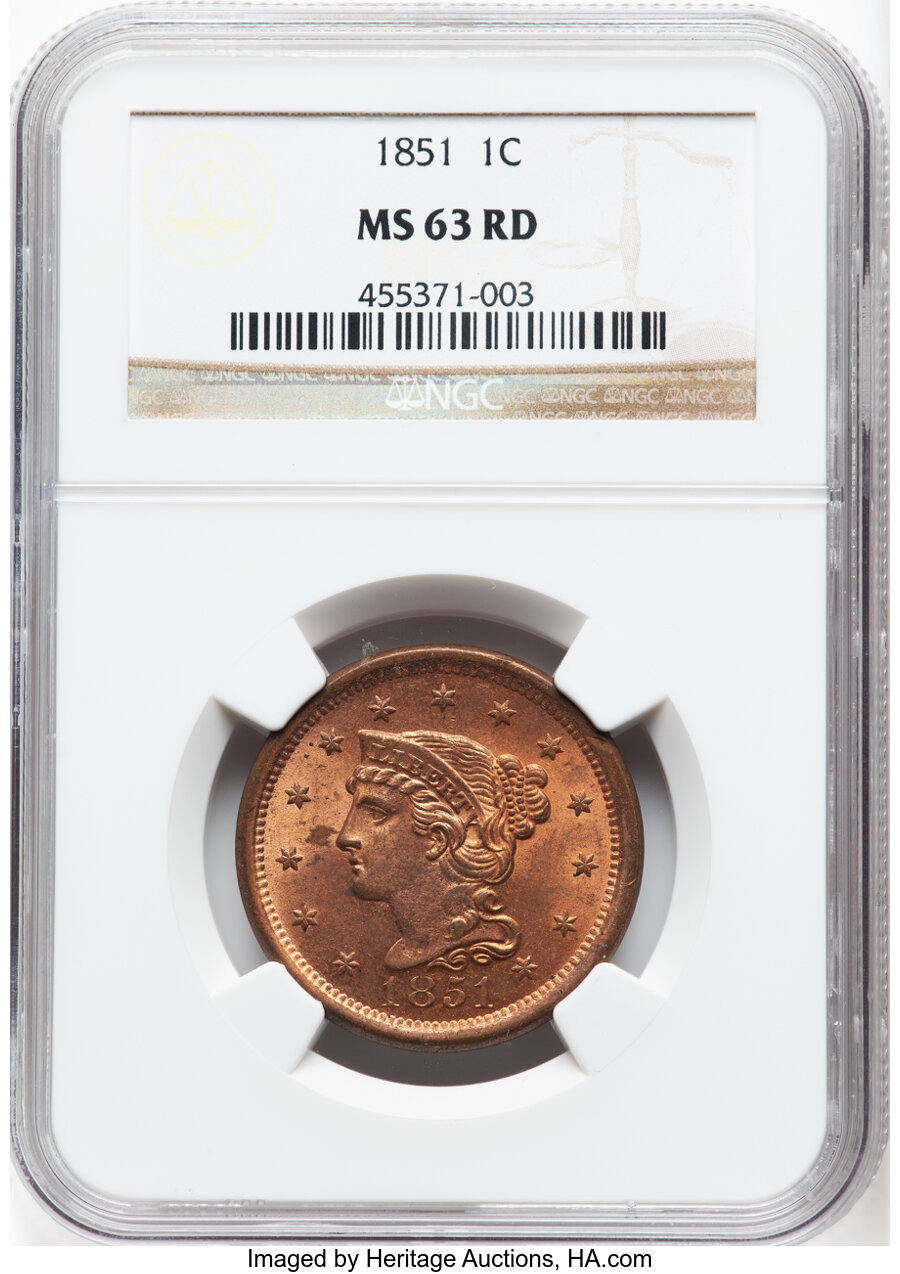 image for: 1851 1C N-2, R.1, MS63 Red NGC. NGC Census: (0/2).  Mintage 9,889,707....