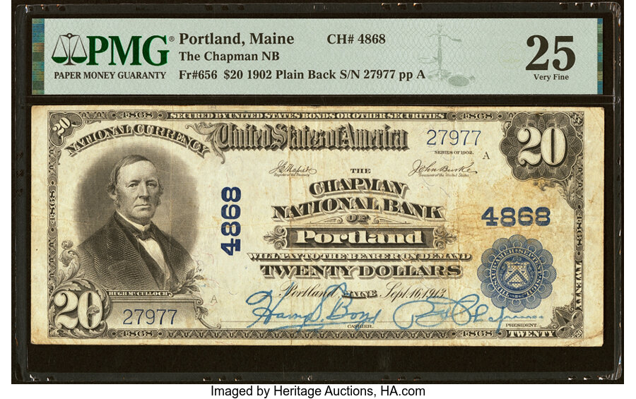 image for: Portland, ME - $20 1902 Plain Back Fr. 656 The Chapman National Bank Ch. # 4868 PMG Very Fine 25....
