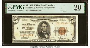 image for: Fr. 1850-L $5 1929 Federal Reserve Bank Note. PMG Very Fine 20....