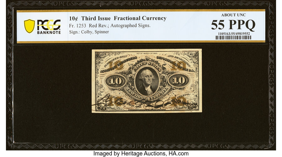 image for: Fr. 1253 10¢ Third Issue PCGS Banknote About Unc 55 PPQ....